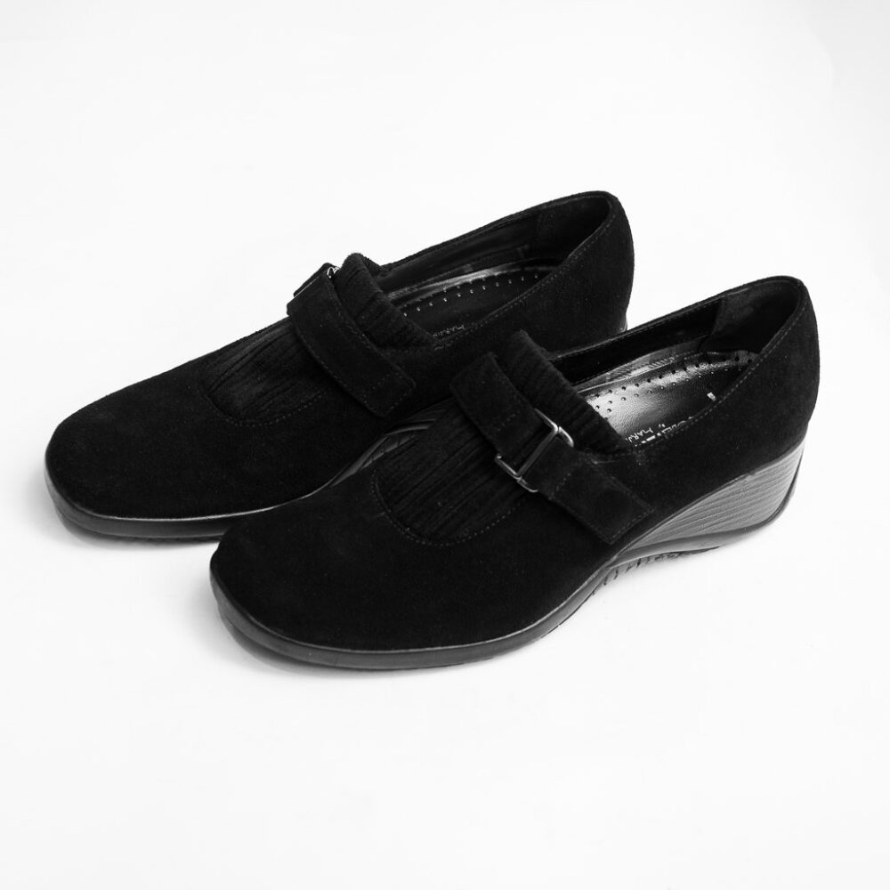 Aquatalia by Marvin K Black Suede Mercy Wedge Loafer with Velcro strap Size 7.5